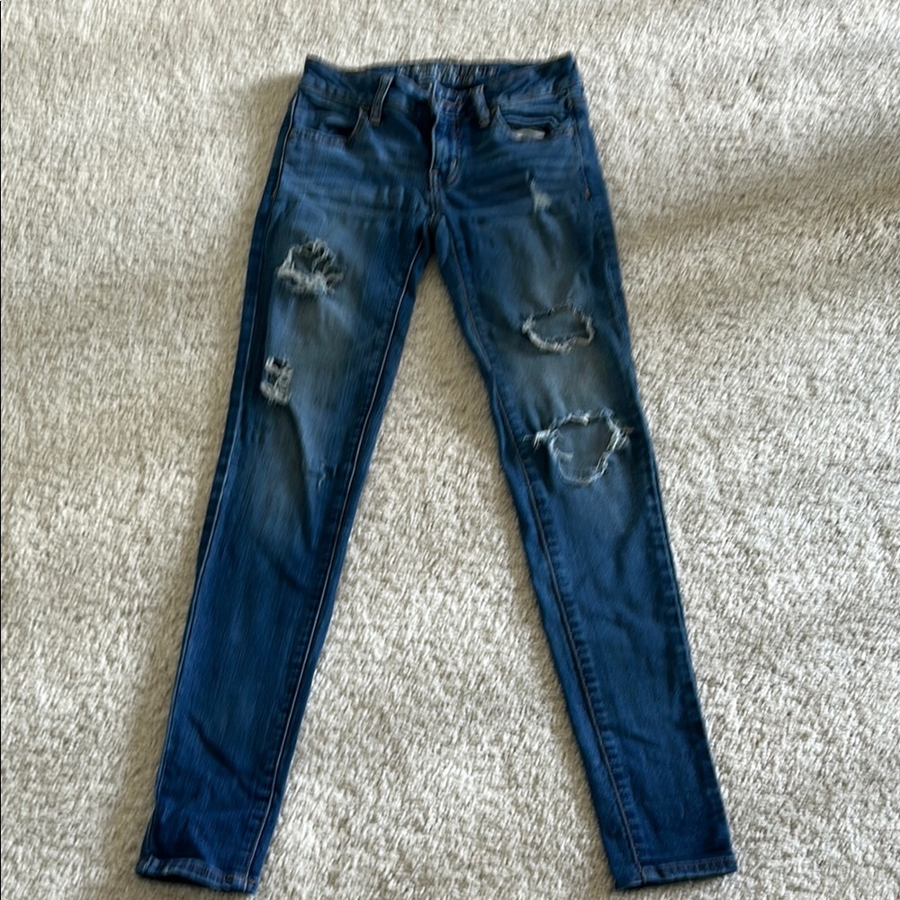 American Eagle Outfitters Blue Skinny Jeans with Distressed Details